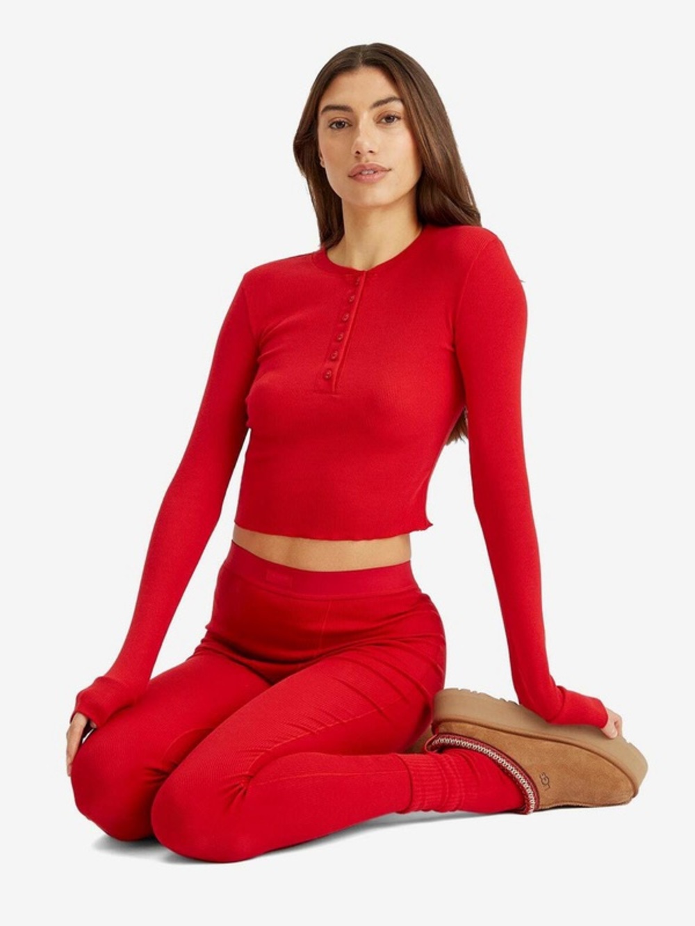 Skims Red Ribbed Henley Crop Top Cranberry Red Medium - Picture 3 of 3